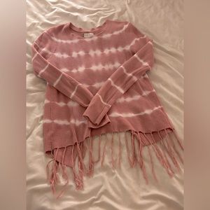 Pink/white tie dye sweater cut out back fringe